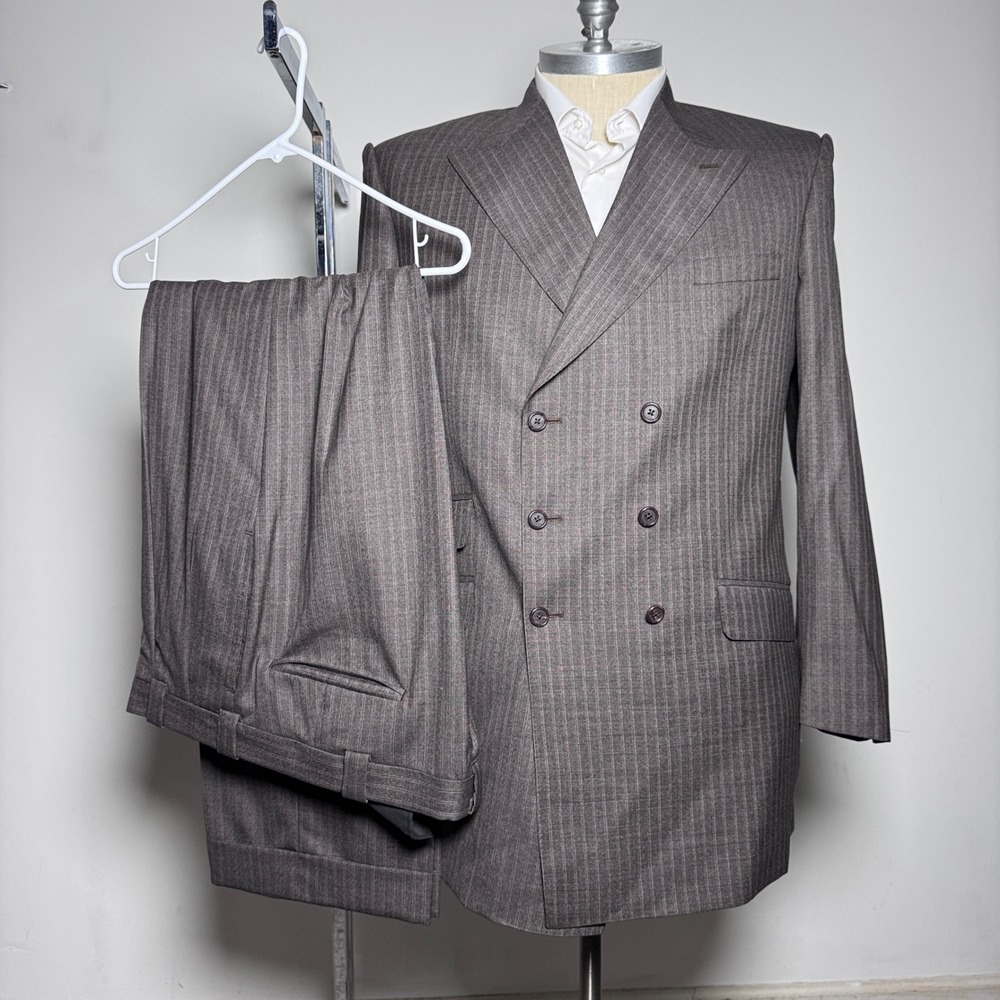 E. Givens Clothier Double Breasted Suit Mens 46L 38x34 Brown Pinstripe Wool